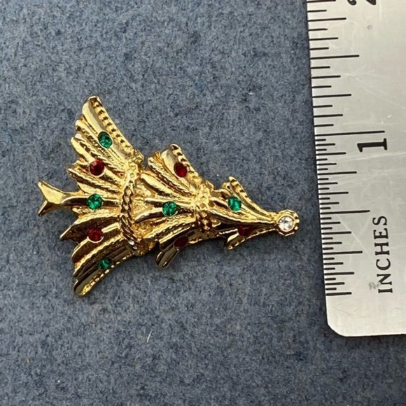 Christmas Pin Brooch Tree Gold Detailed Rhinestone Topper Green Red Ornaments - Picture 8 of 8